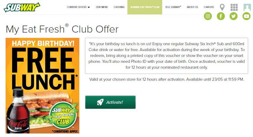 Subway Australia - Free Birthday Gift