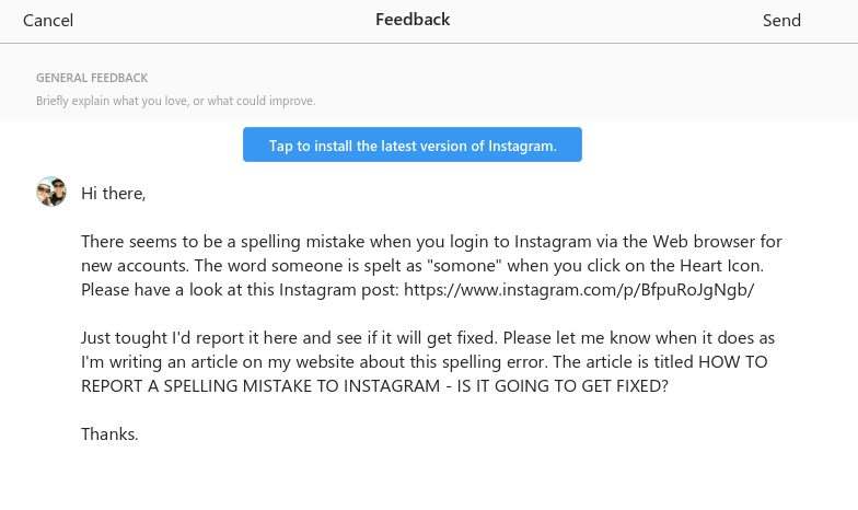 Marco Tran - Instagram Spelling Mistake Somone Report a problem message