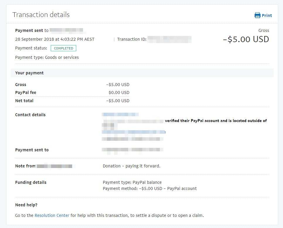 Marco Tran - Paying it forward donation PayPal receipt