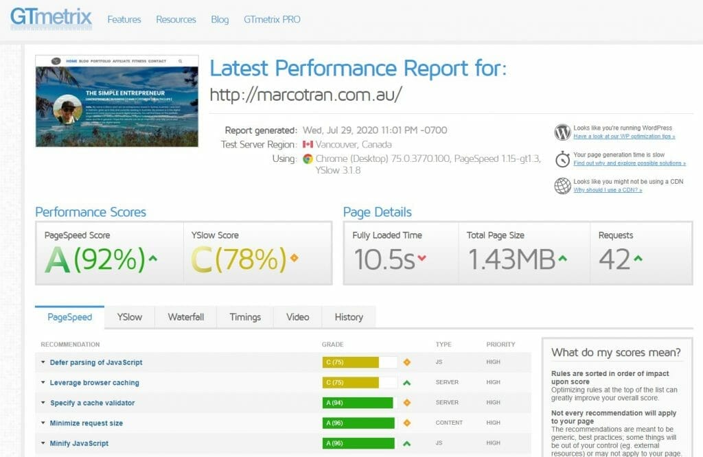 Website Performance from GTmetrix Fastest Cache Paid Premium Marco Tran The Simple Entrepreneur