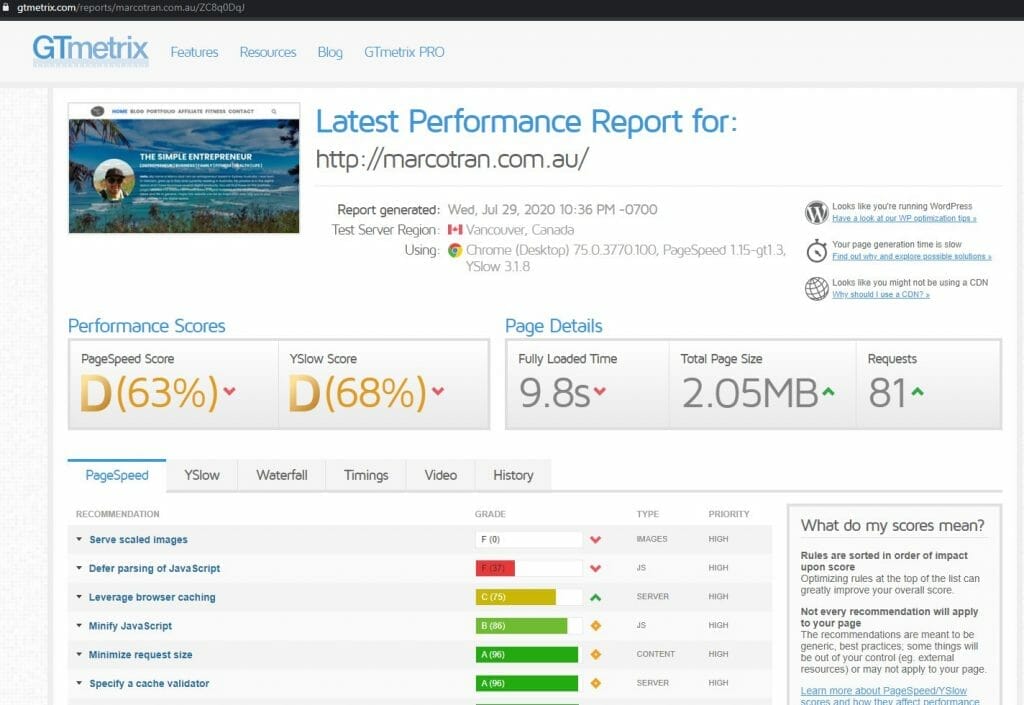 Website Performance from GTmetrix using Fastest cache Free Marco Tran The Simple Entrepreneur