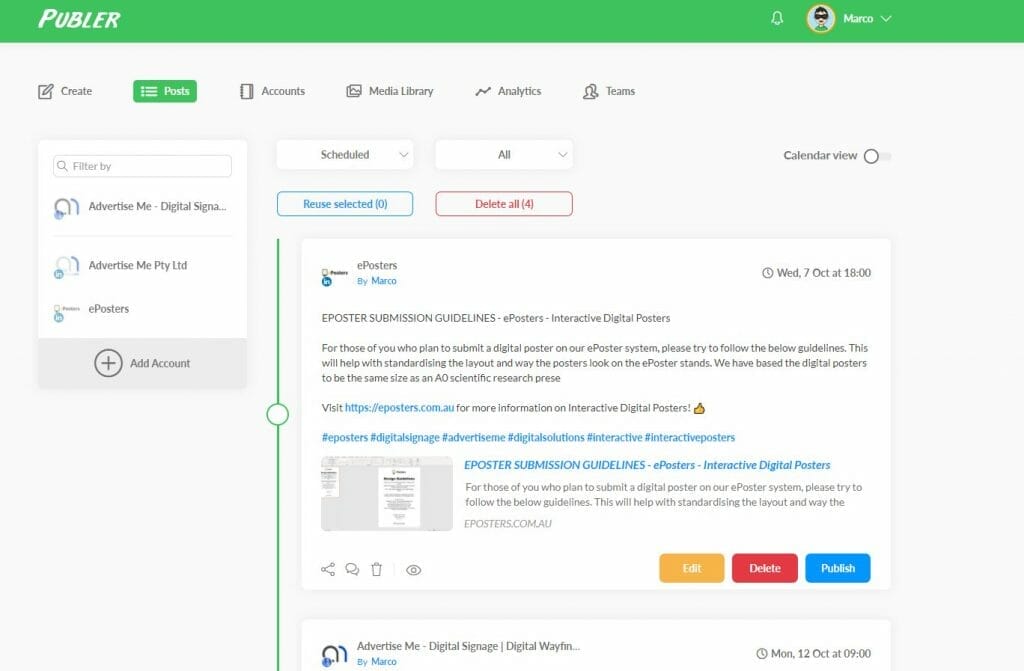 TOOLS TO AUTOMATE SOCIAL MEDIA POSTS Publer Dashboard The Simple Entrepreneur Marco Tran