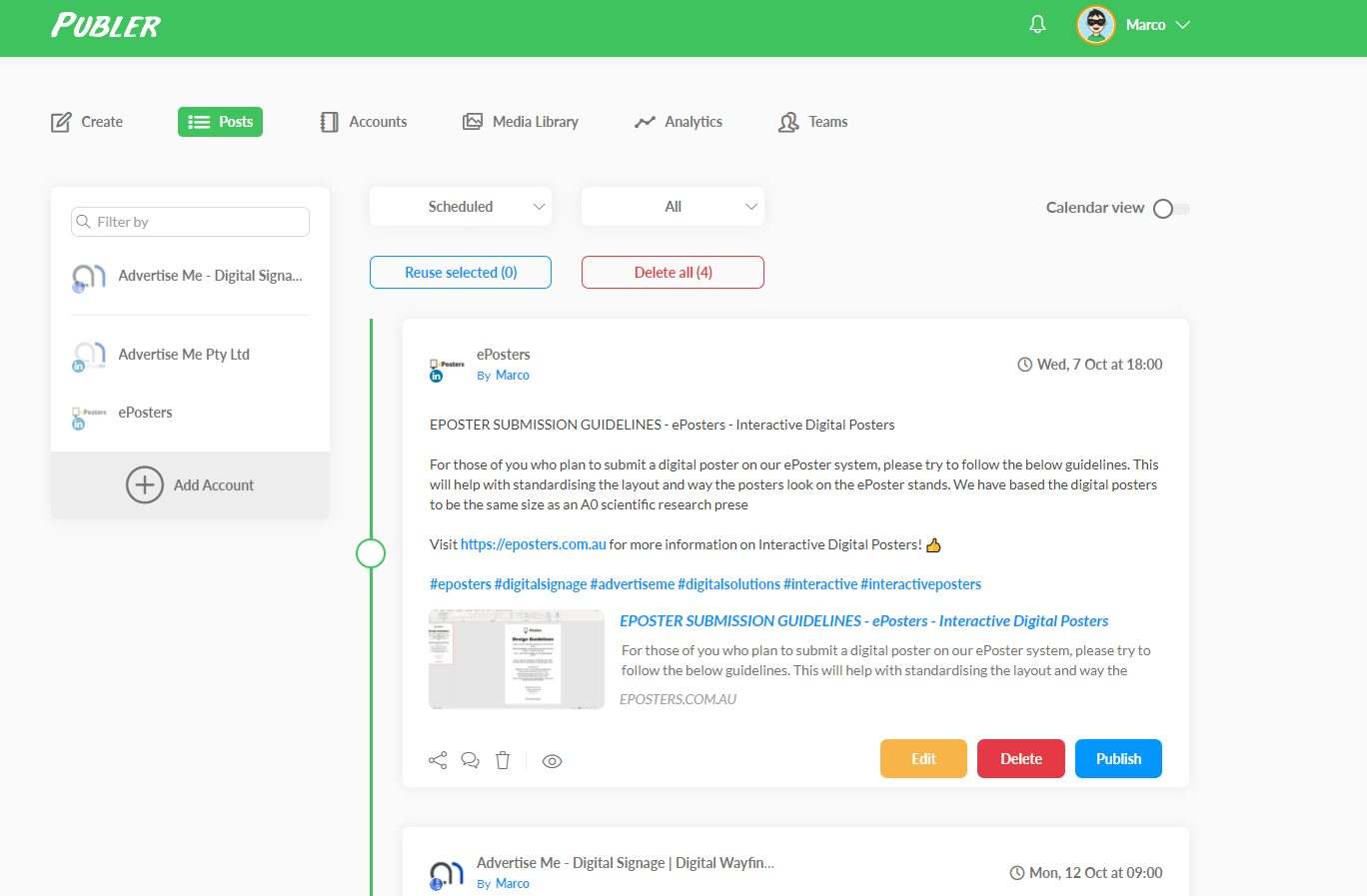 TOOLS TO AUTOMATE SOCIAL MEDIA POSTS Publer Dashboard The Simple Entrepreneur Marco Tran