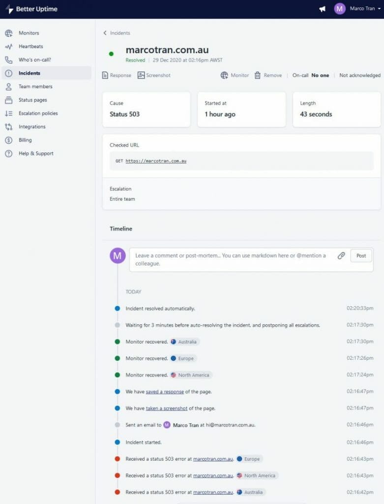 WEBSITE MONITORING AND STATUS PAGES Better Uptime Incident Timeline The Simple Entrepreneur