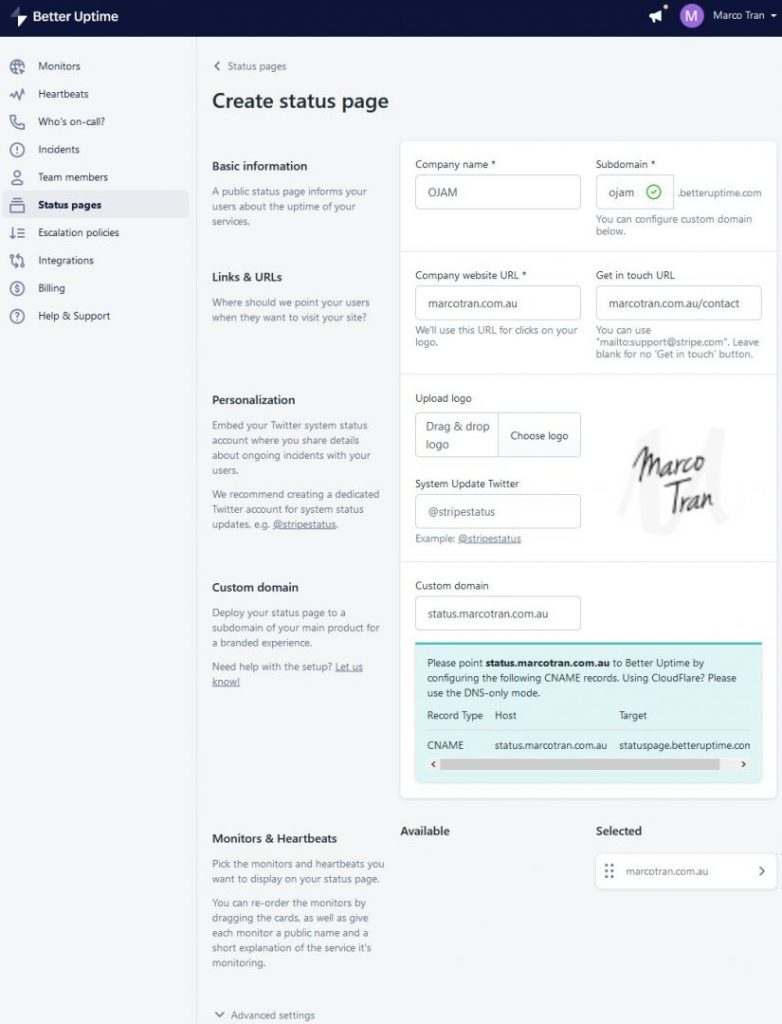 WEBSITE MONITORING AND STATUS PAGES Better Uptime Status Page Settings The Simple Entrepreneur 1