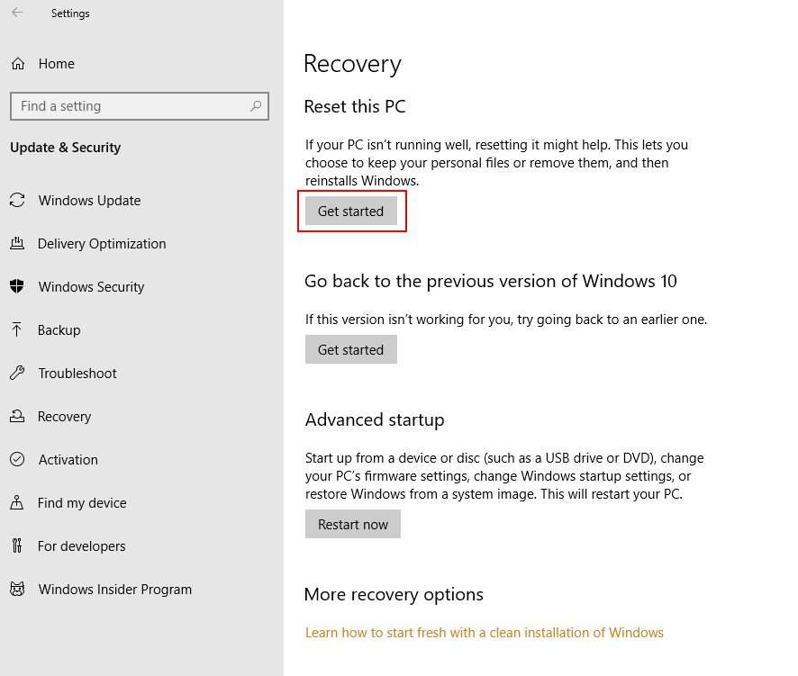 HOW TO RESET MICROSOFT SURFACE PRO TO WINDOWS 10 DEFAULTS Start Settings Update Security Recovery Get Started