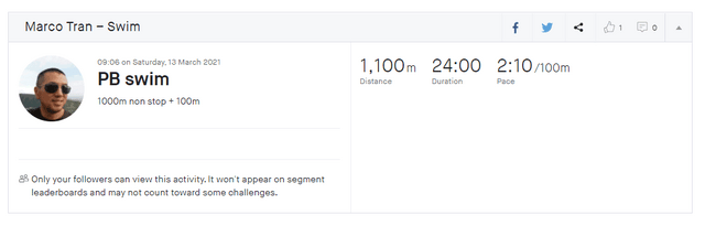 SWIMMING 1KM NON STOP PB Strava Swim 1