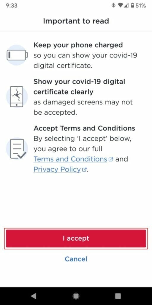 HOW TO ADD THE COVID 19 DIGITAL CERTIFICATE TO THE SERVICE NSW APP I accept