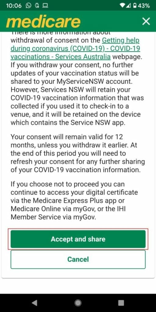 HOW TO ADD THE COVID 19 DIGITAL CERTIFICATE TO THE SERVICE NSW APP accept and share