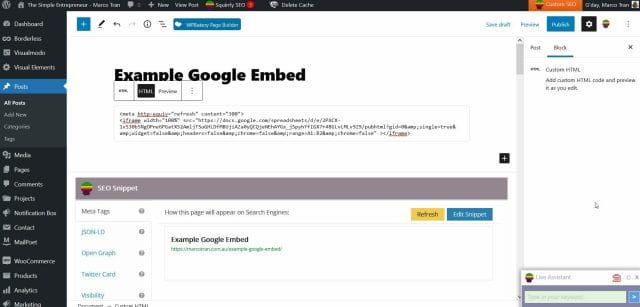 HOW TO EMBED A GOOGLE SHEET OR DOC ON A WEBSITE Google Sheet WordPress Full iframe code