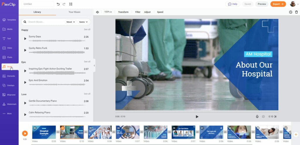 USING FLEXCLIP TO CREATE PROFESSIONAL VIDEOS dashboard hospital customise music