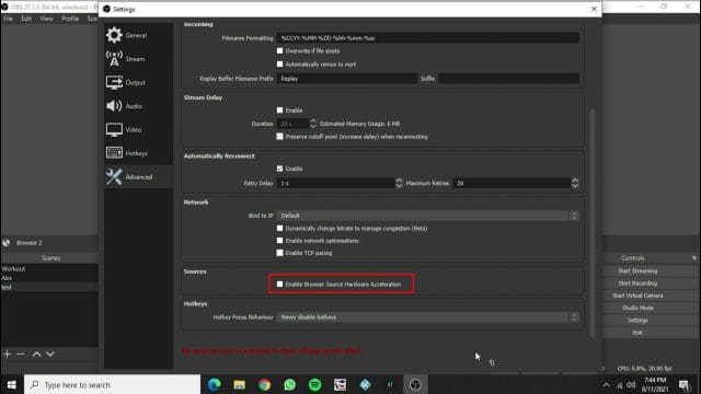 HOW TO FIX OBS BROWSER SOURCE NOT DISPLAYING Settings Advanced Disable Browser Source Hardware Acceleration