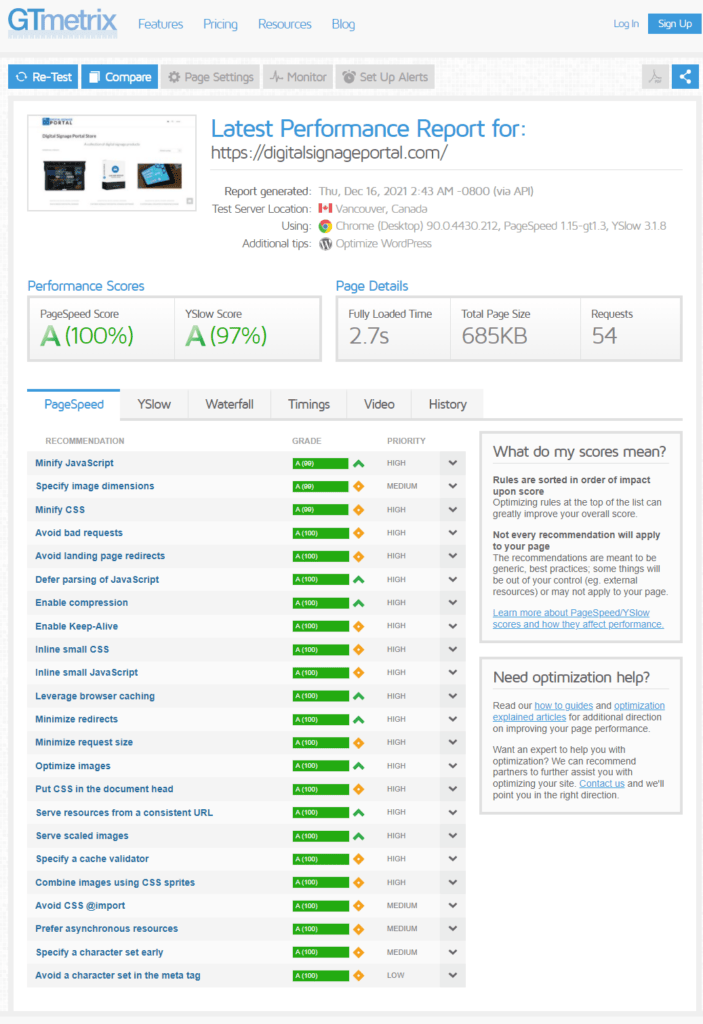 Relaunched Digital Signage Portal gtmetrix test