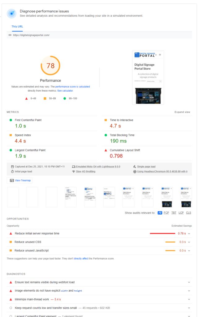 Relaunched Digital Signage Portal pagespeed insights