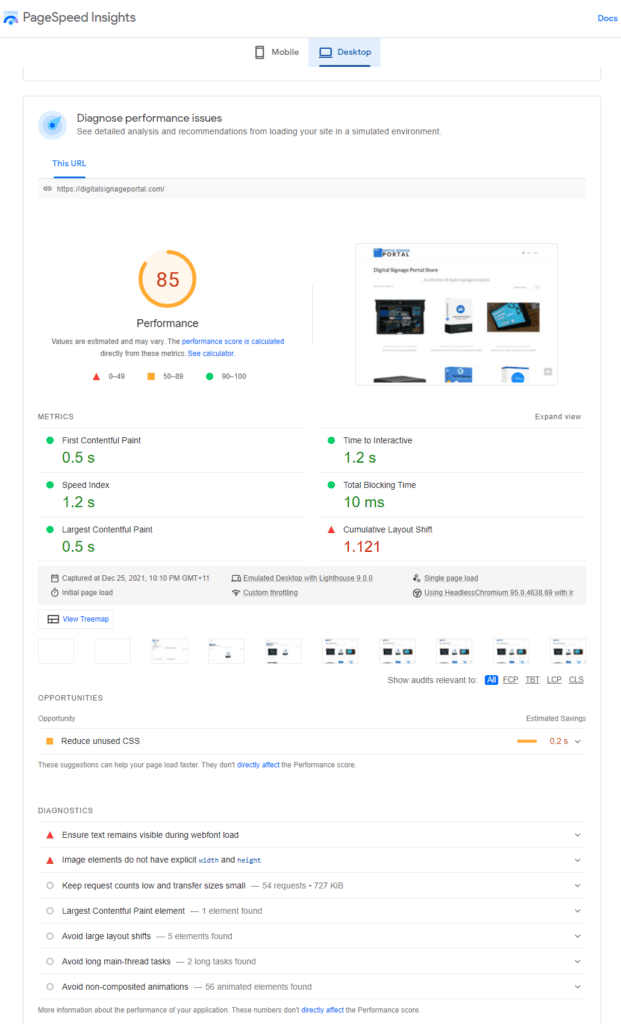 Relaunched Digital Signage Portal pagespeed insights desktop