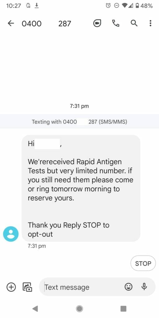 RAPID ANTIGEN TEST SMS SCAM message
