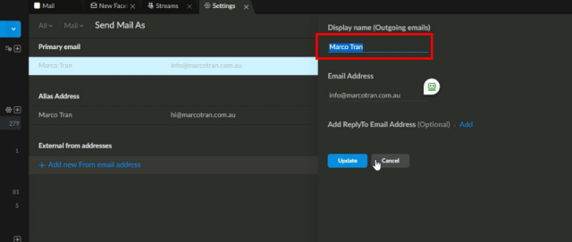HOW TO CHANGE THE OUTGOING DISPLAY NAME FROM EMAIL ADDRESS IN ZOHO MAIL Settings Manage from address click name display name
