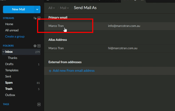 HOW TO CHANGE THE OUTGOING DISPLAY NAME FROM EMAIL ADDRESS IN ZOHO MAIL Settings Manage from address click name