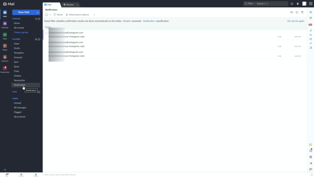DISABLE THE SMART FILTER SETTING IN ZOHO MAIL notification folder instagram emails