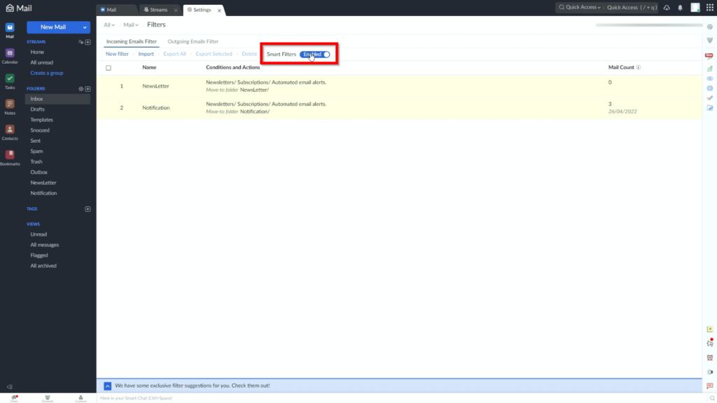 DISABLE THE SMART FILTER SETTING IN ZOHO MAIL settings disable smart filters