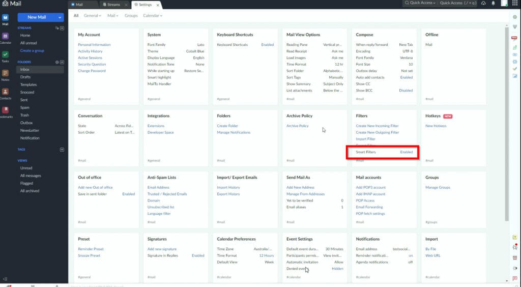 DISABLE THE SMART FILTER SETTING IN ZOHO MAIL settings filters smart filters