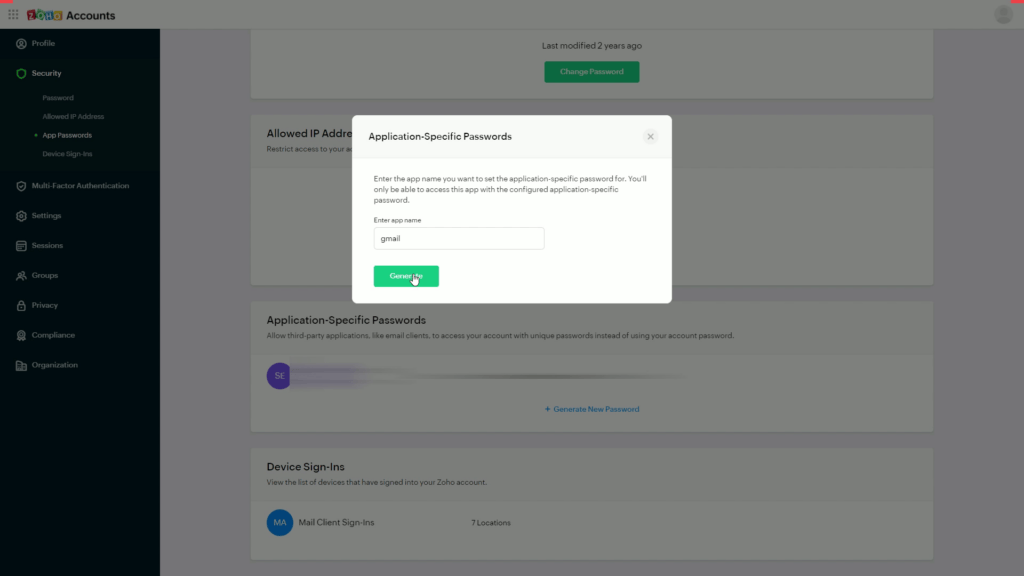 HOW TO ADD AN APP PASSWORD IN ZOHO MAIL click generate