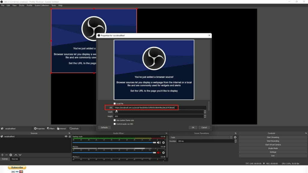 HOW TO ADD A SOCIAL WALL IN OBS URL paste