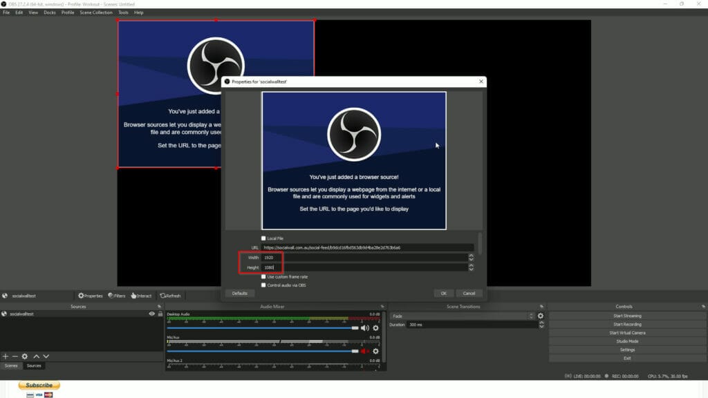 HOW TO ADD A SOCIAL WALL IN OBS width and height