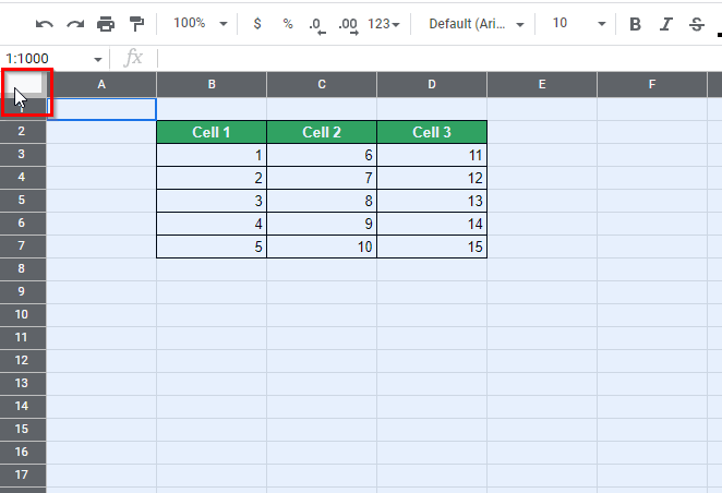 How to remove gridlines in Google Sheets click corner