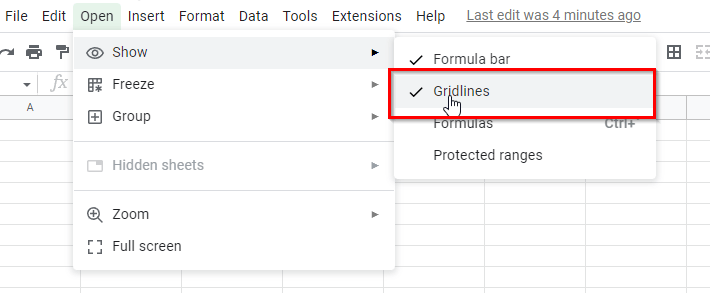 How to remove gridlines in Google Sheets view or open show gridlines