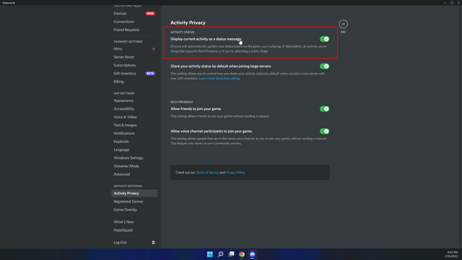 HOW TO DISABLE OR HIDE THE GAME ACTIVITY STATUS ON DISCORD