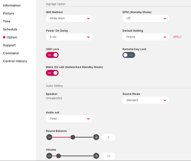 USING THE LG SUPERSIGN CONTROL SOFTWARE option settings