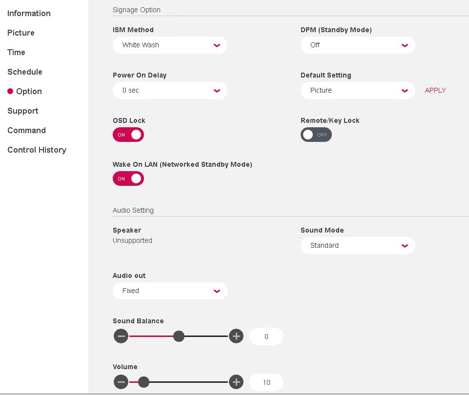 USING THE LG SUPERSIGN CONTROL SOFTWARE option settings