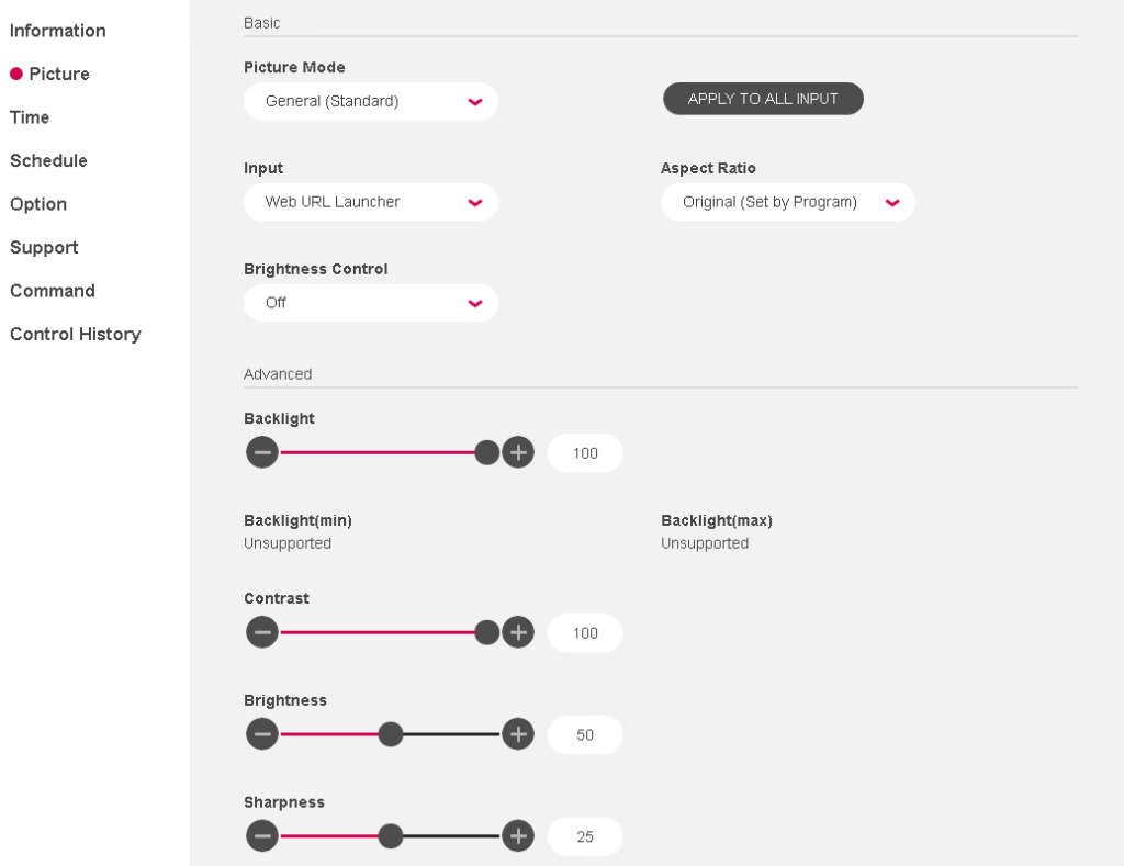 USING THE LG SUPERSIGN CONTROL SOFTWARE picture settings 1