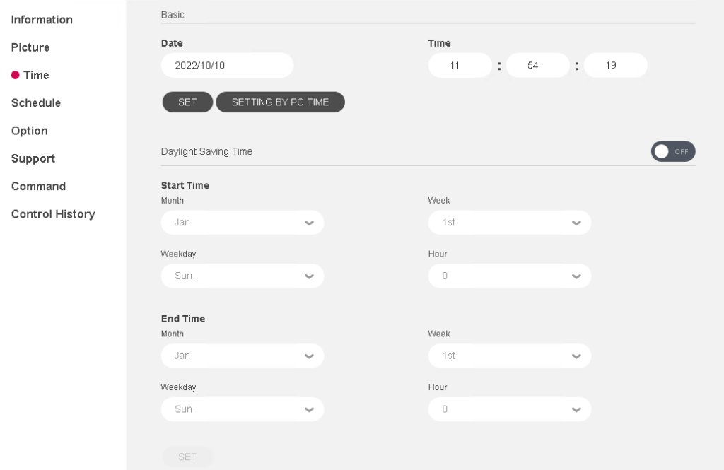 USING THE LG SUPERSIGN CONTROL SOFTWARE time setting