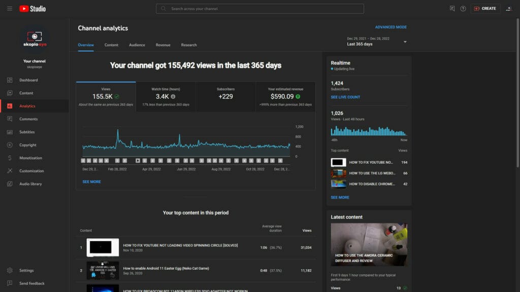 1 Year YouTube Monetisation Dec 2021 to Dec 2022 Overview