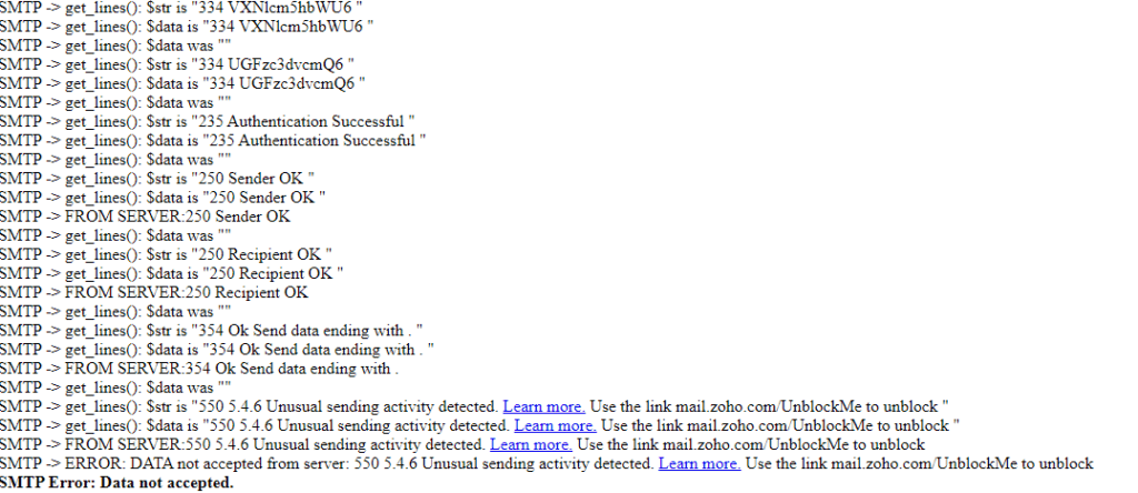 HOW TO FIX SMTP ERROR DATA NOT ACCEPTED FROM PHPMAILER ON ZOHOMAIL debugging