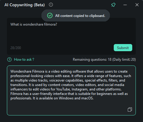 HOW TO USE THE AI COPYWRITING FEATURE IN WONDERSHARE FILMORA CHATGPT response copy