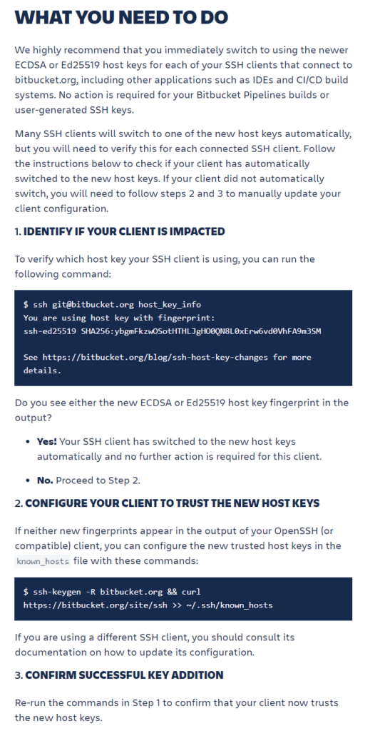 HOW TO FIX ATLASSIAN BITBUCKET SSH HOST KEYS instructions steps message