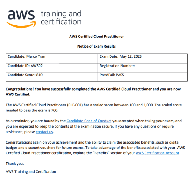 PASSED AWS CLOUD PRACTITIONER EXAM results