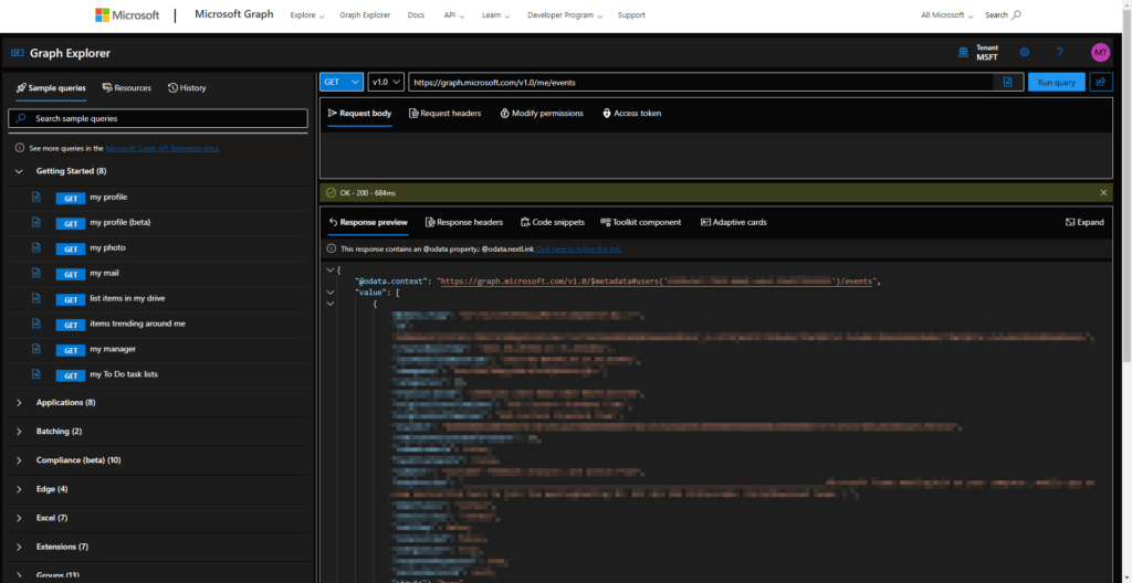 BUILDING AN MVP USING MICROSOFT DEVELOPER API Microsoft Graph API explorer results