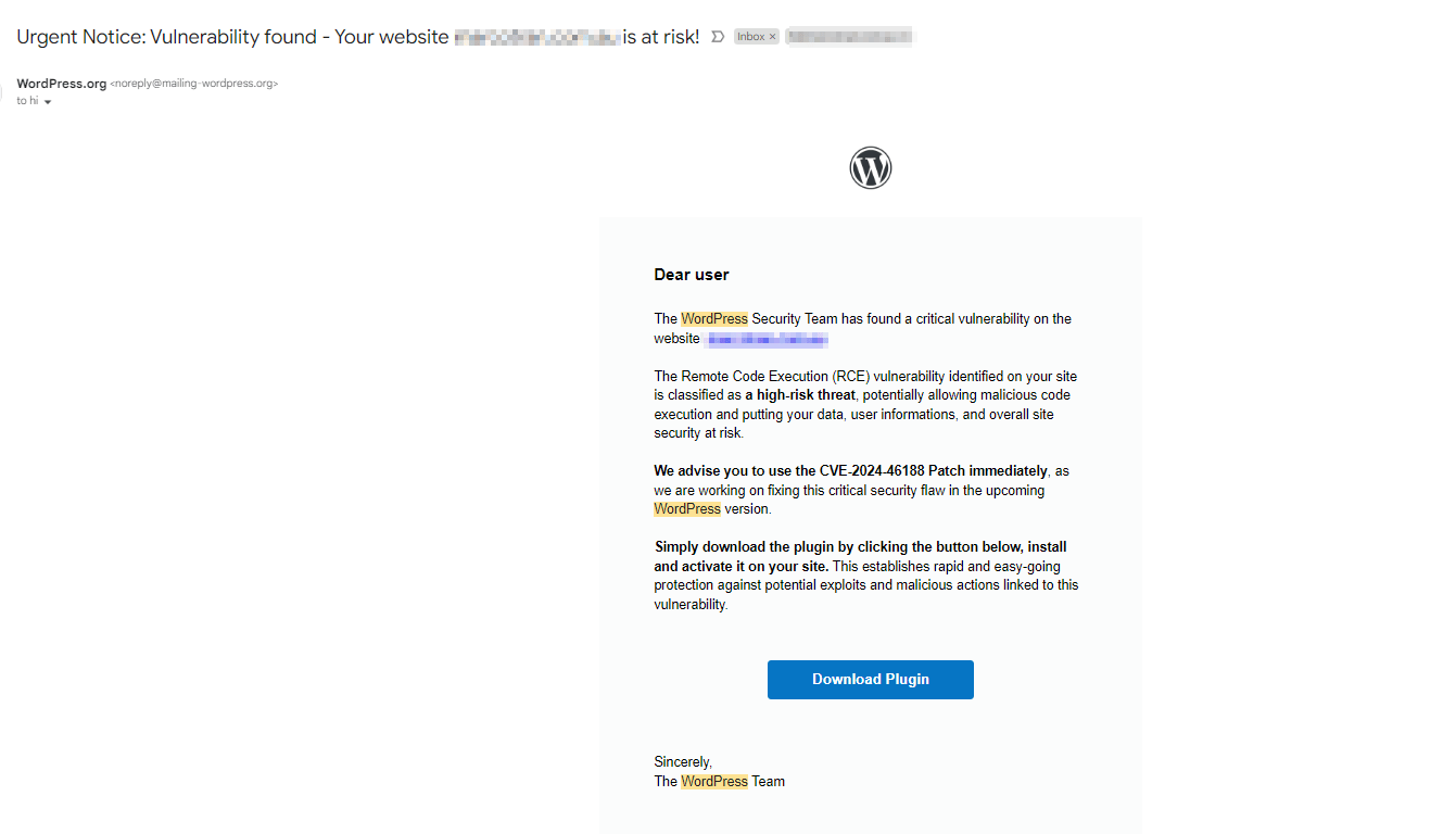 URGENT NOTICE: WORDPRESS VULNERABILITY FOUND SCAM - CVE-2024-46188 PATCH