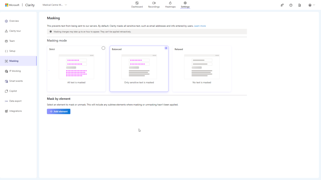 The Simple Entrepreneur Microsoft Clarity dashboard masking