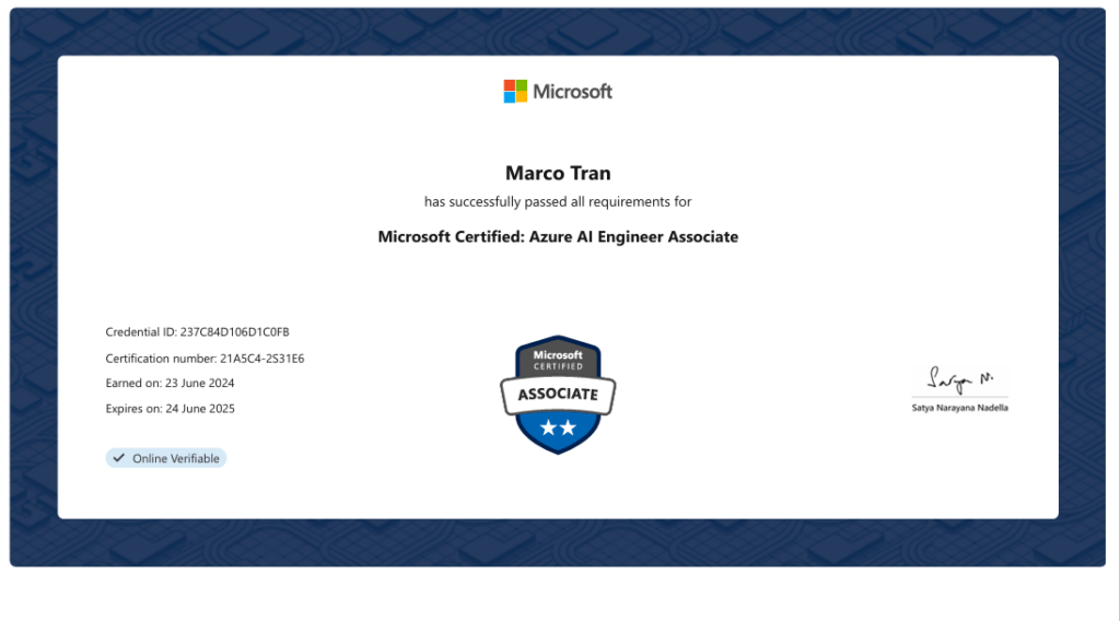 The Simple Entrepreneur Marco Tran Microsoft AI Engineer Associate Certificate