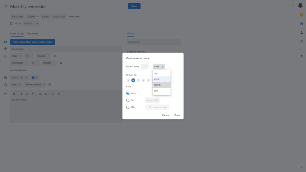 GOOGLE CALENDAR SETTING UP MONTHLY EVENTS WITH EASE custom recurrance monthly
