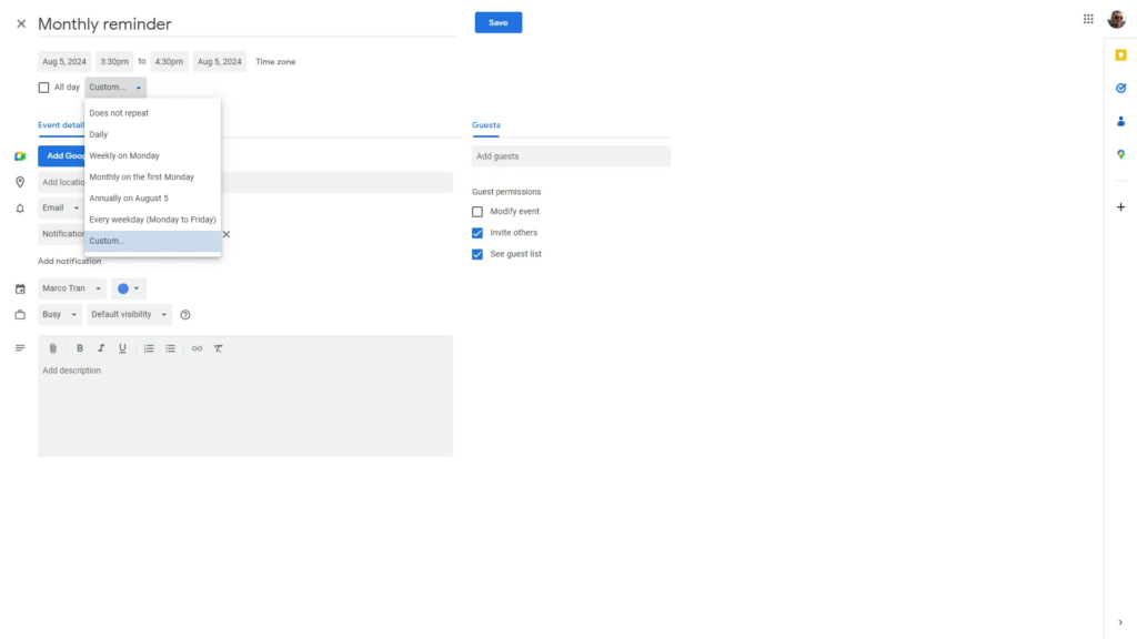 GOOGLE CALENDAR SETTING UP MONTHLY EVENTS WITH EASE select custom