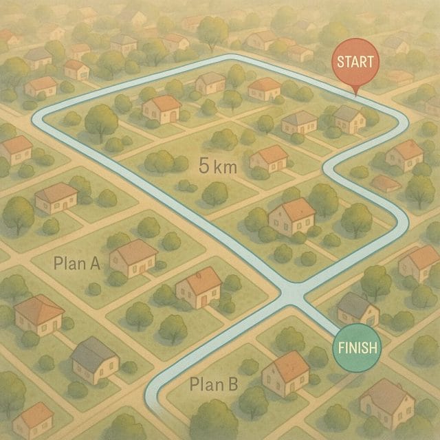 A calm aerial view of a neighbourhood loop with a highlighted 5 km route, markers for start and finish, subtle labels for “Plan A” and “Plan B” routes, soft morning colours suggesting a gentle, repeatable routine.