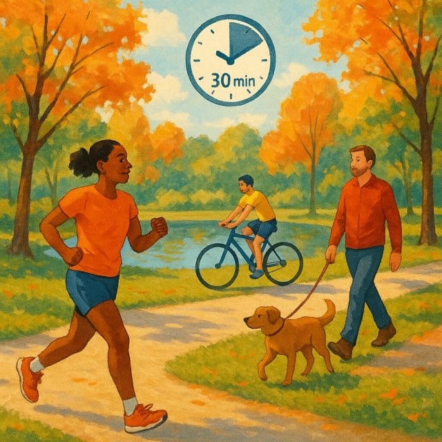 A vibrant park scene with diverse people moving: a runner on a path, a cyclist by a pond, and a walker with a dog; a subtle 30-minute timer icon floating in the sky; early autumn colours and dappled sunlight to suggest approachability and inclusivity.