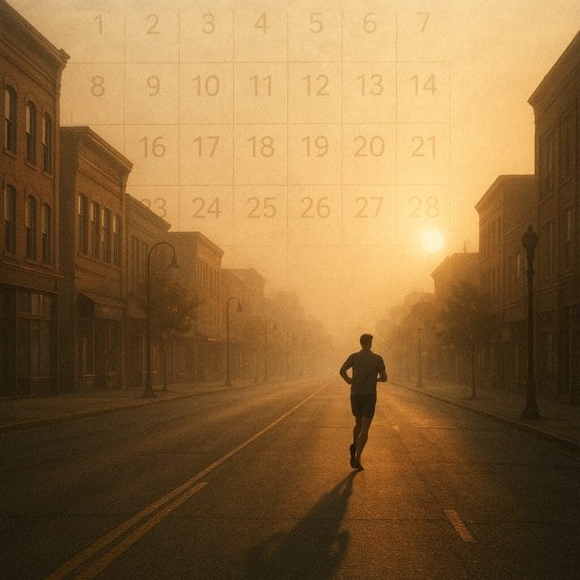 A sunrise street scene with a lone runner in mid-stride, long shadow stretching behind, a faint calendar overlay showing a long chain of consecutive days, soft golden light and subtle mist to evoke early morning consistency.