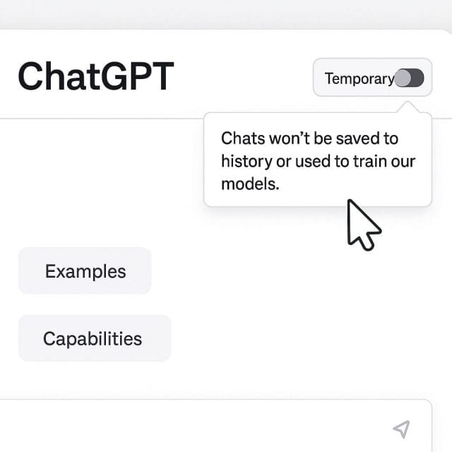 A clean, modern desktop view of the ChatGPT interface with a focus on the top-right toggle labelled “Temporary chat”. The UI is crisp, with a cursor hovering over the toggle, and a subtle tooltip explaining that the chat won’t be saved to history or used to train models. Neutral lighting and uncluttered visual design.
